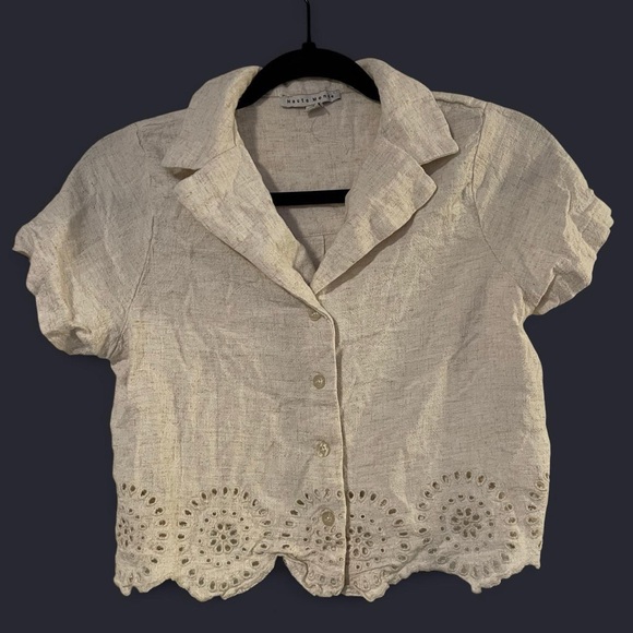 Haute Monde Tops - Haute Monde Beige Eyelet Button-Up Blouse